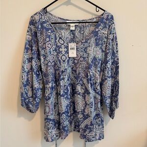 Motherhood Blue and White Puff Sleeve Blouse